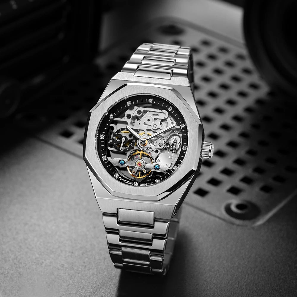 Forsining montre mécanique automatique décontractée pour hommes aiguilles lumineuses bracelet en acier inoxydable mode luxe squelette montres pour hommes