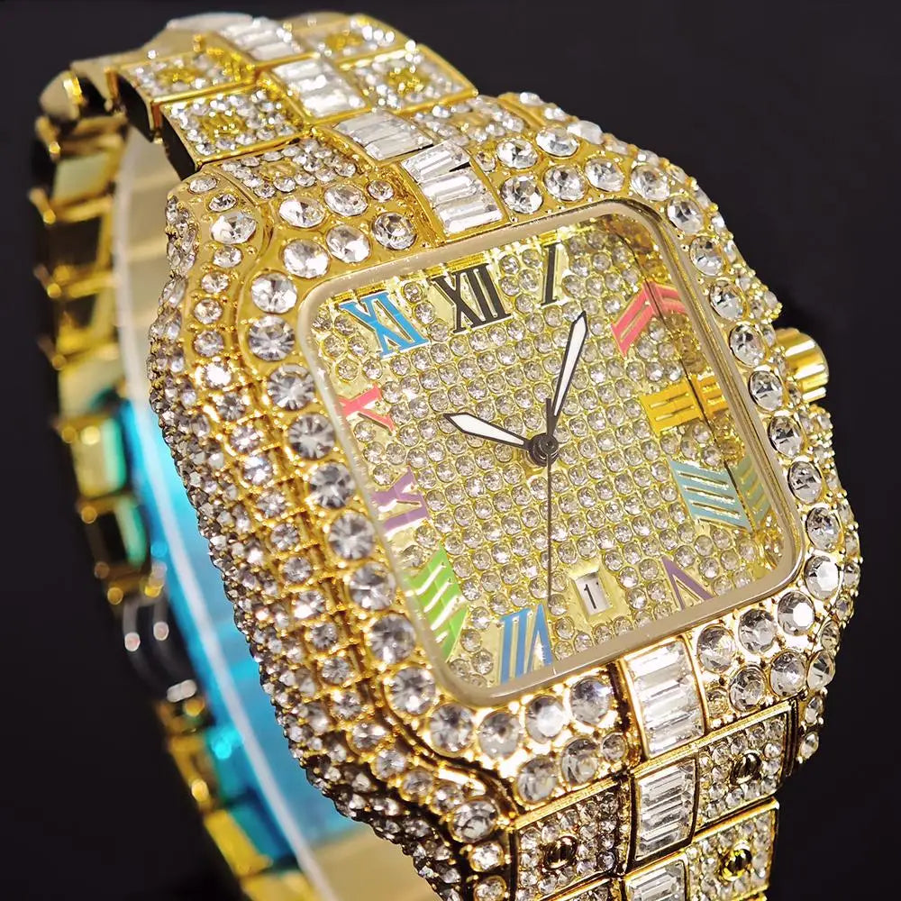 UNIGUET luxe diamant montre à Quartz pour hommes cadran arc-en-ciel calendrier Hip Hop glacé or montre-bracelet hommes accessoire de mode 2025
