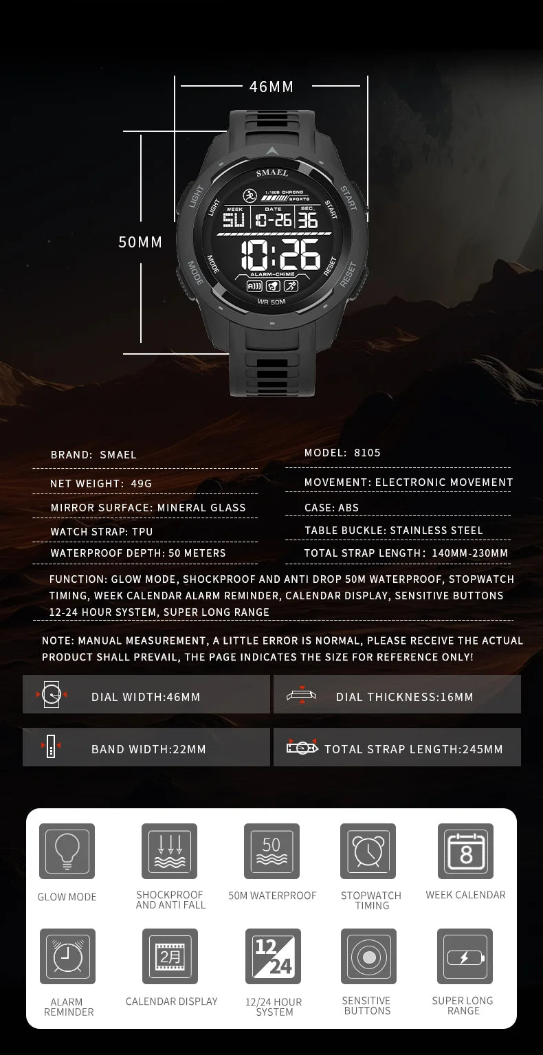 SMAEL-Montre-bracelet numérique étanche à LED pour homme, chronomètre lumineux, montres de sport, 50m, 8105