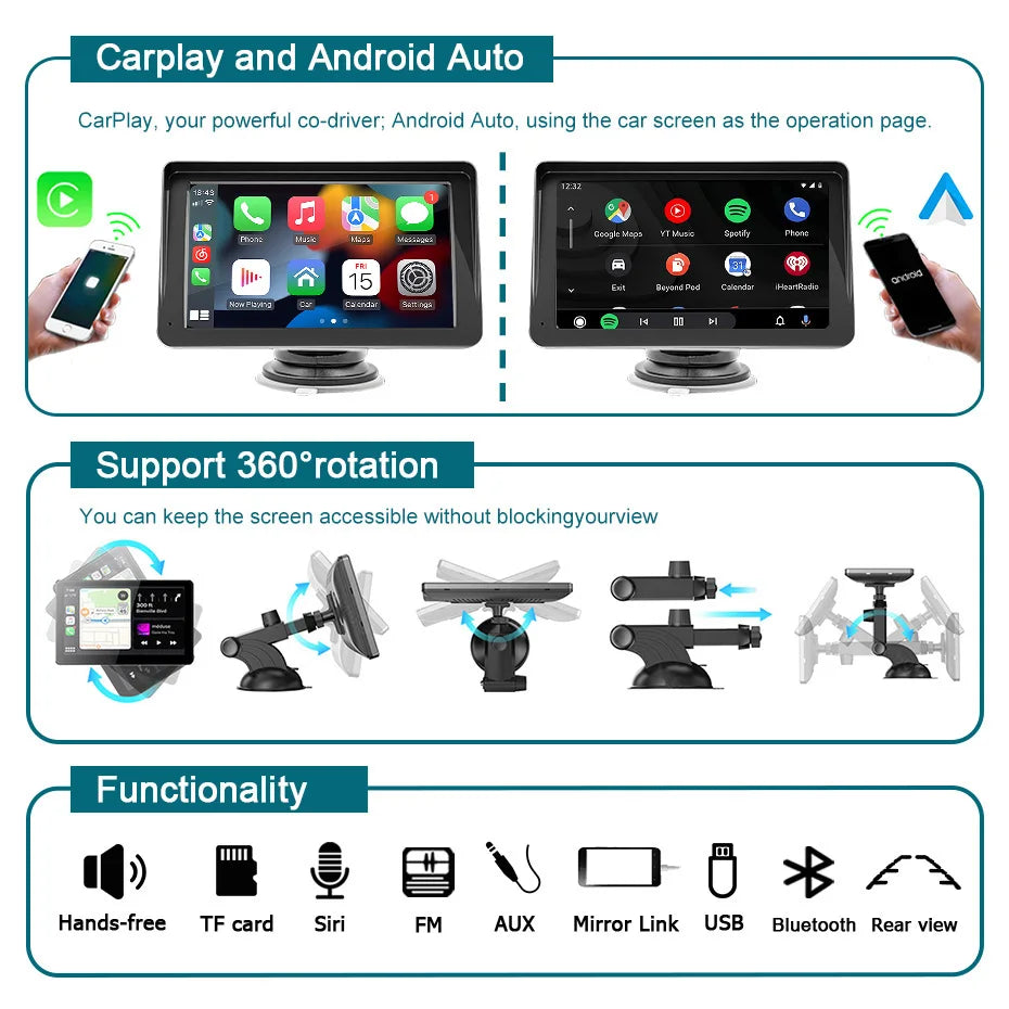 Autoradio 7 pouces lecteur vidéo multimédia sans fil Carplay et sans fil Android Auto Portable GPS Navi écran tactile universel