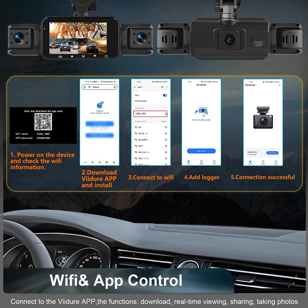 Dashcam 4 canaux wifi voiture dvr caméras de tableau de bord pour voiture mode de stationnement de boîte arrière 24h intérieur avant et arrière 360 dash cam