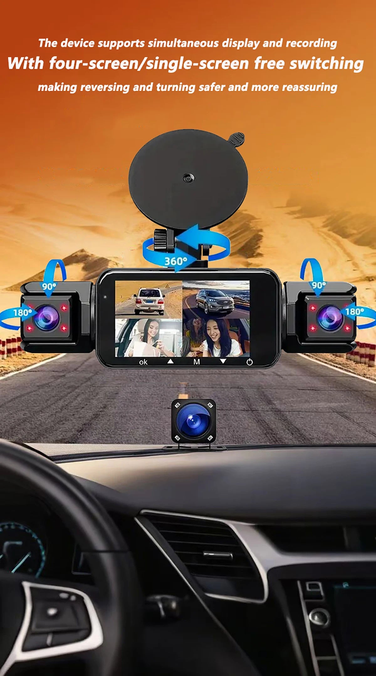 Dashcam 4 canaux wifi voiture dvr caméras de tableau de bord pour voiture mode de stationnement de boîte arrière 24h intérieur avant et arrière 360 dash cam