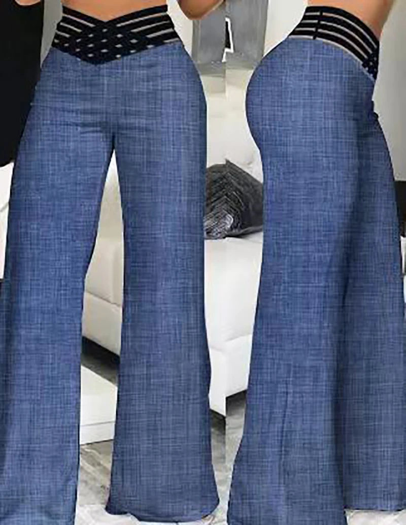 Pantalon évasé pour femmes, élégant, bureau, décontracté, taille haute, printemps été, solide, croisé, maille transparente, Patch, jambes larges