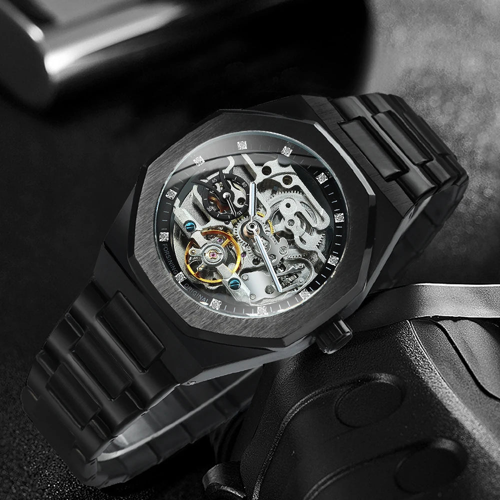 Forsining montre mécanique automatique décontractée pour hommes aiguilles lumineuses bracelet en acier inoxydable mode luxe squelette montres pour hommes