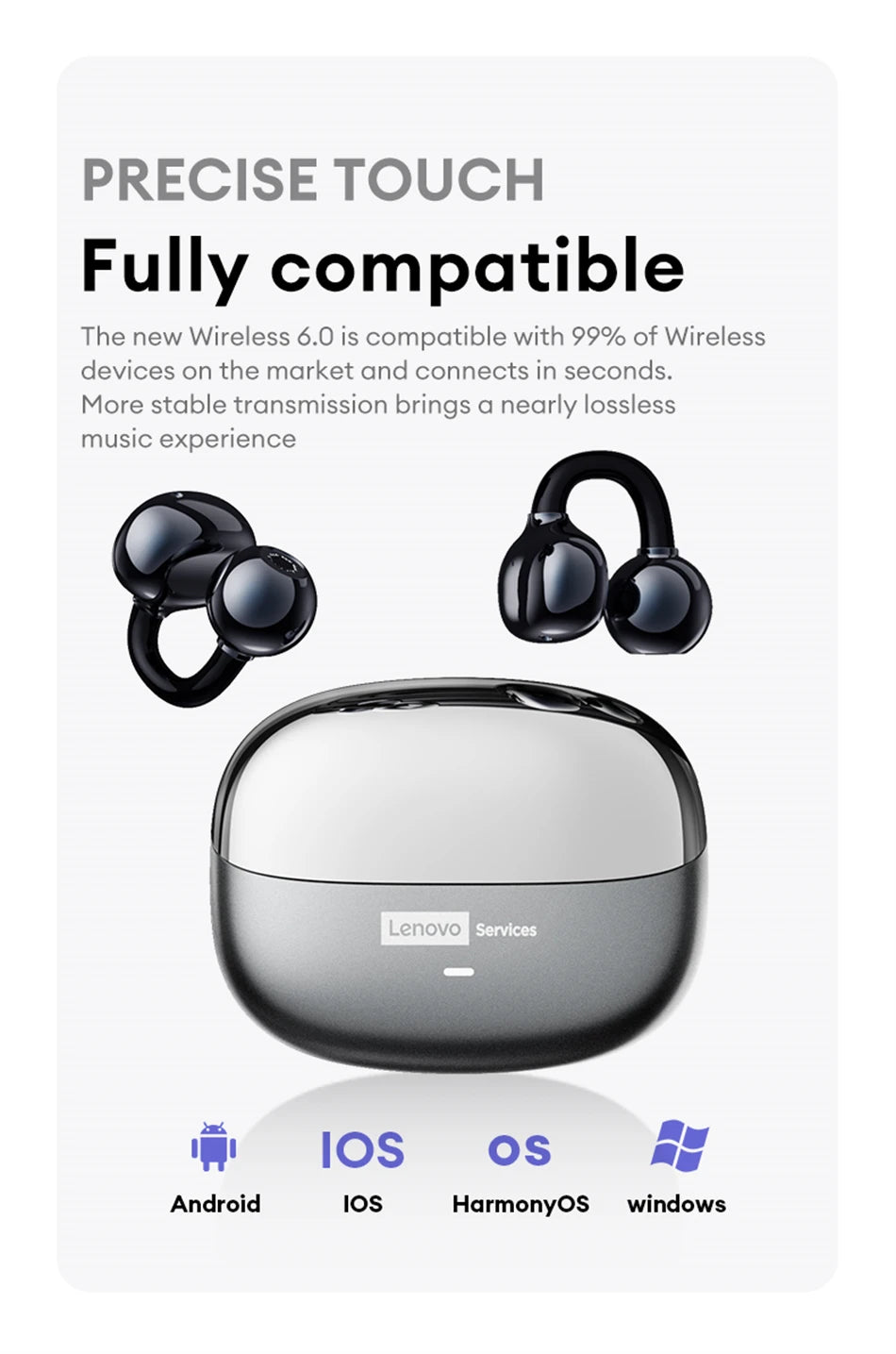 Casque sans fil Bluetooth 6.0 Lenovo LE302, longue durée de vie de la batterie, écouteurs sportifs à clip d'oreille, écouteurs stéréo HIFI à réduction de bruit