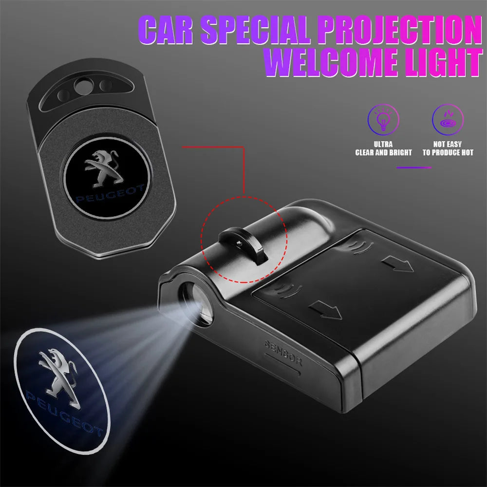 Projecteur LED sans fil pour logo de voiture, éclairage de bienvenue sur la portière, lampe de projection de badge pour Peugeot 206 207 208 307 308 107 2008 3008, accessoires
