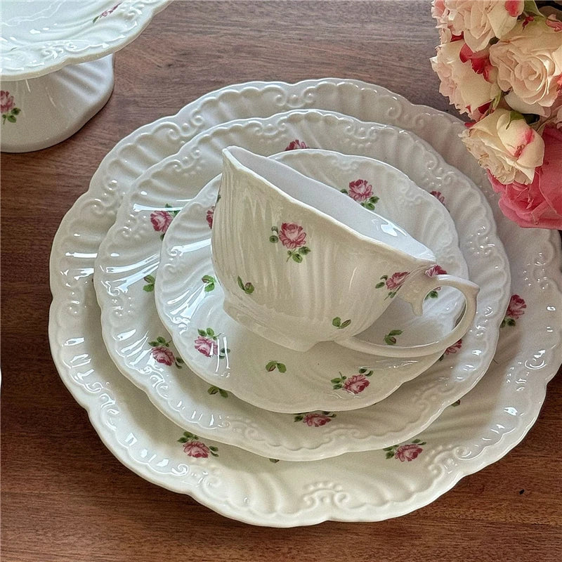 Ensemble d'assiettes en céramique vintage rose, tasse à café, beau, britannique, fournitures de cuisine, dessert, thé, cadeau