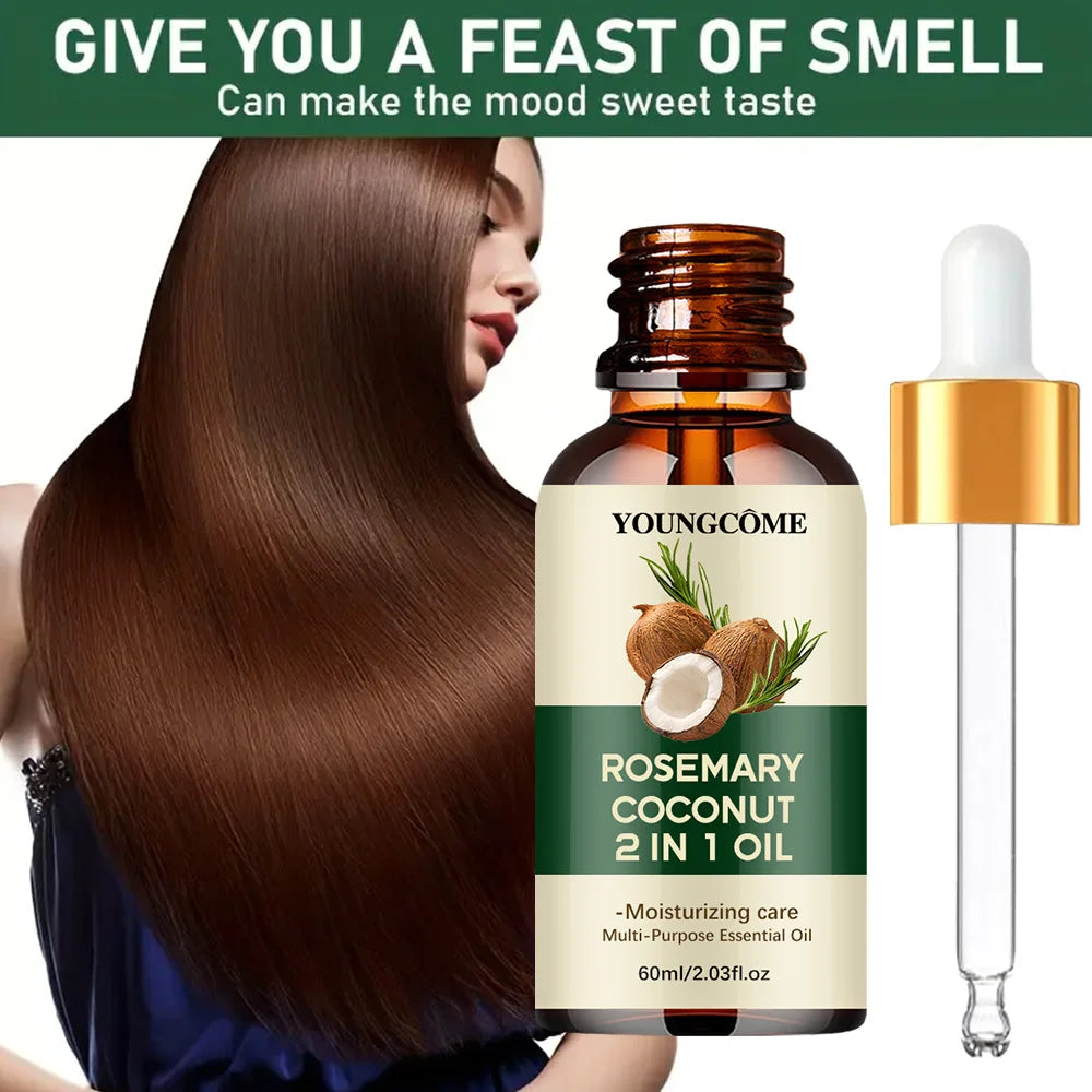 Huile essentielle de romarin et d'huile de noix de coco pour améliorer la perte de cheveux et nourrir, renforcer les racines des cheveux, traitement du cuir chevelu, soins capillaires