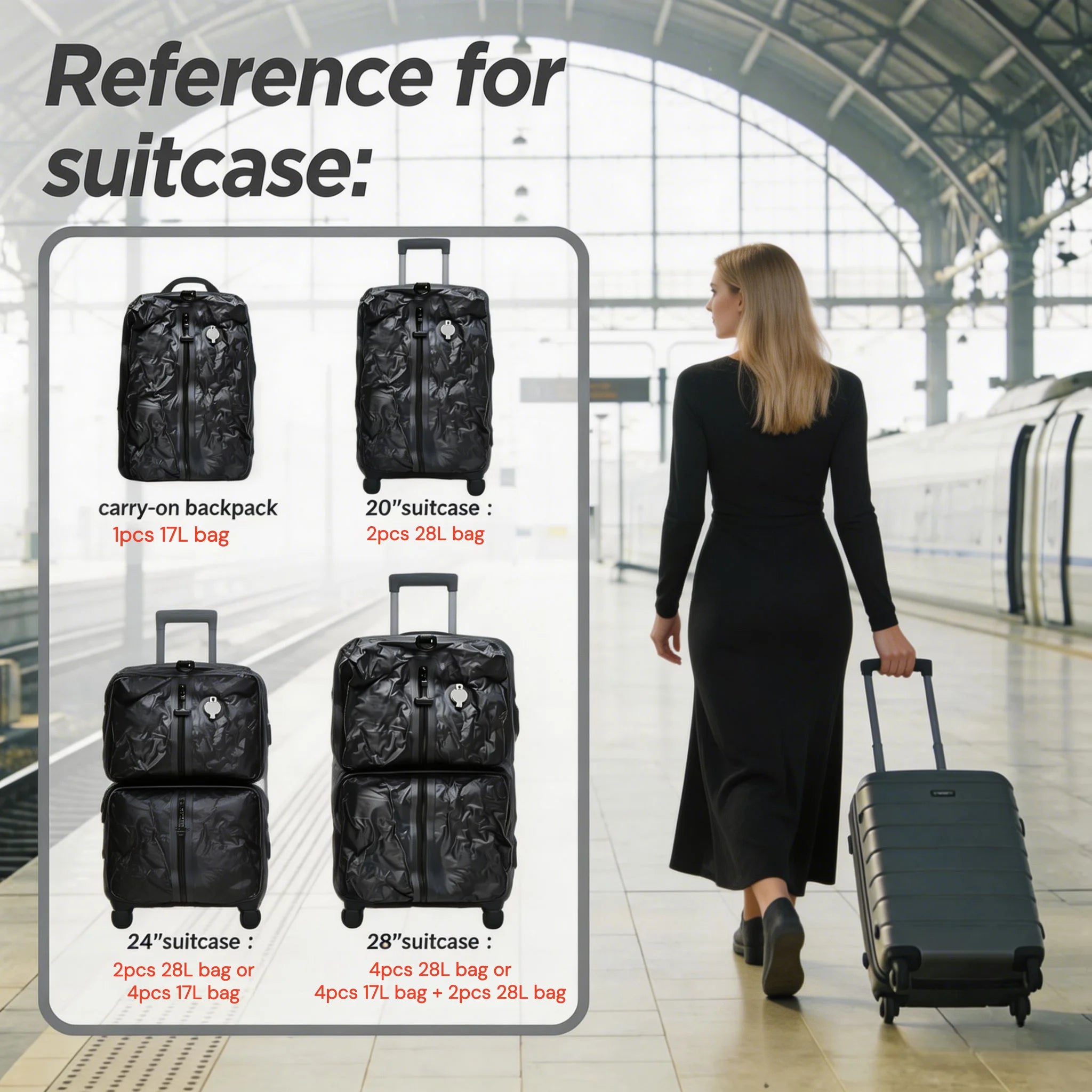 Sacs de rangement sous vide 28L pour le voyage, sacs de compression gain de place pour valise, sacs d'emballage essentiels pour vêtements et couvertures