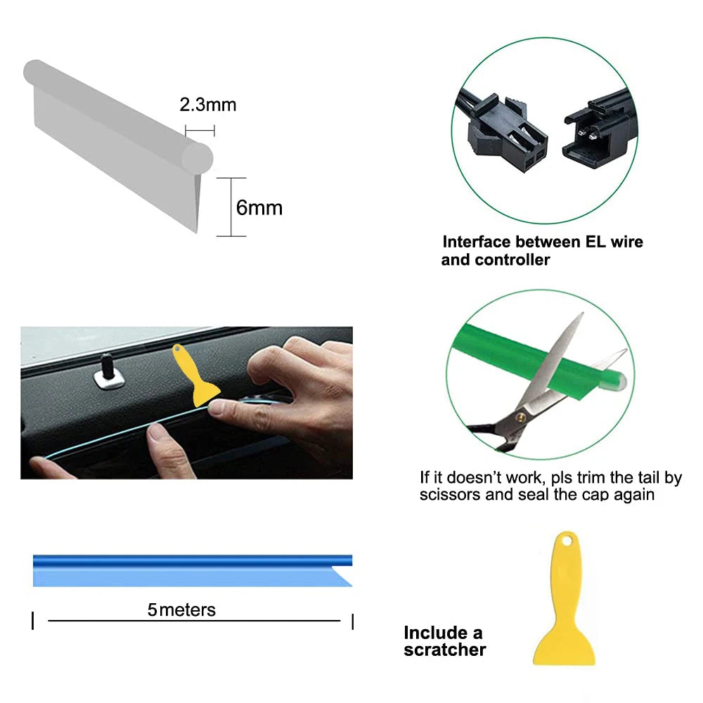 Bande lumineuse LED pour intérieur de voiture, néon, câblage EL, lampe décorative pour auto, bricolage, lumière ambiante flexible, USB, escales de fête, diode, 5m