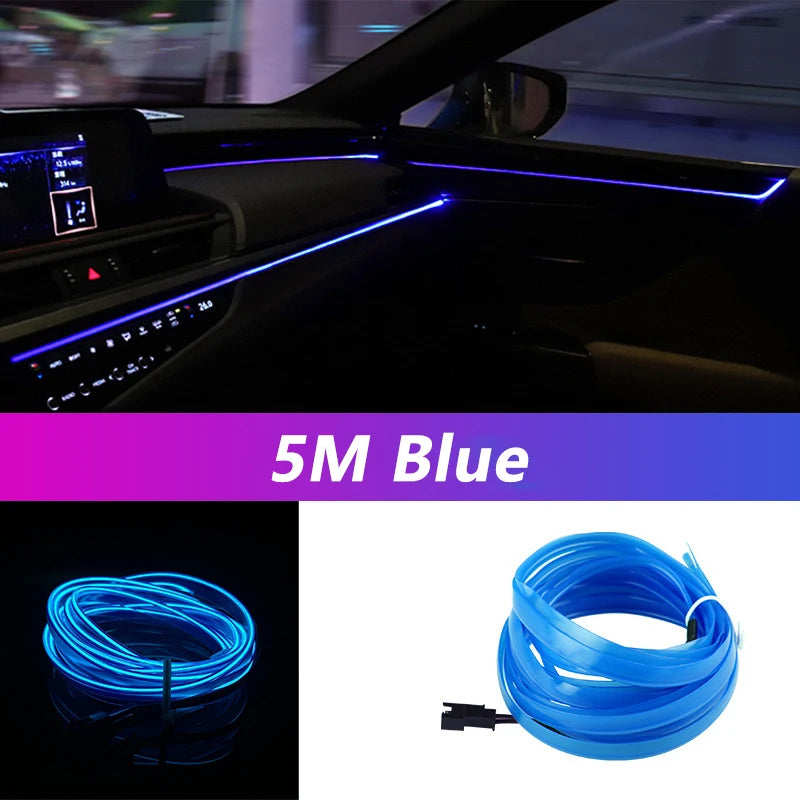 Bande lumineuse LED pour intérieur de voiture, néon, câblage EL, lampe décorative pour auto, bricolage, lumière ambiante flexible, USB, escales de fête, diode, 5m