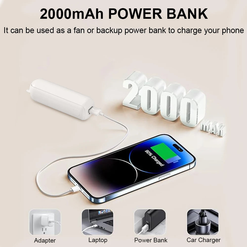 Ventilateur portable 2000 mAh USB rechargeable 3 vitesses mini ventilateur pliable tenu dans la main petit ventilateur de voyage de poche avec batterie externe pratique