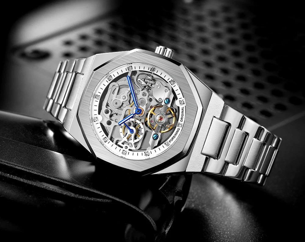 Forsining montre mécanique automatique décontractée pour hommes aiguilles lumineuses bracelet en acier inoxydable mode luxe squelette montres pour hommes