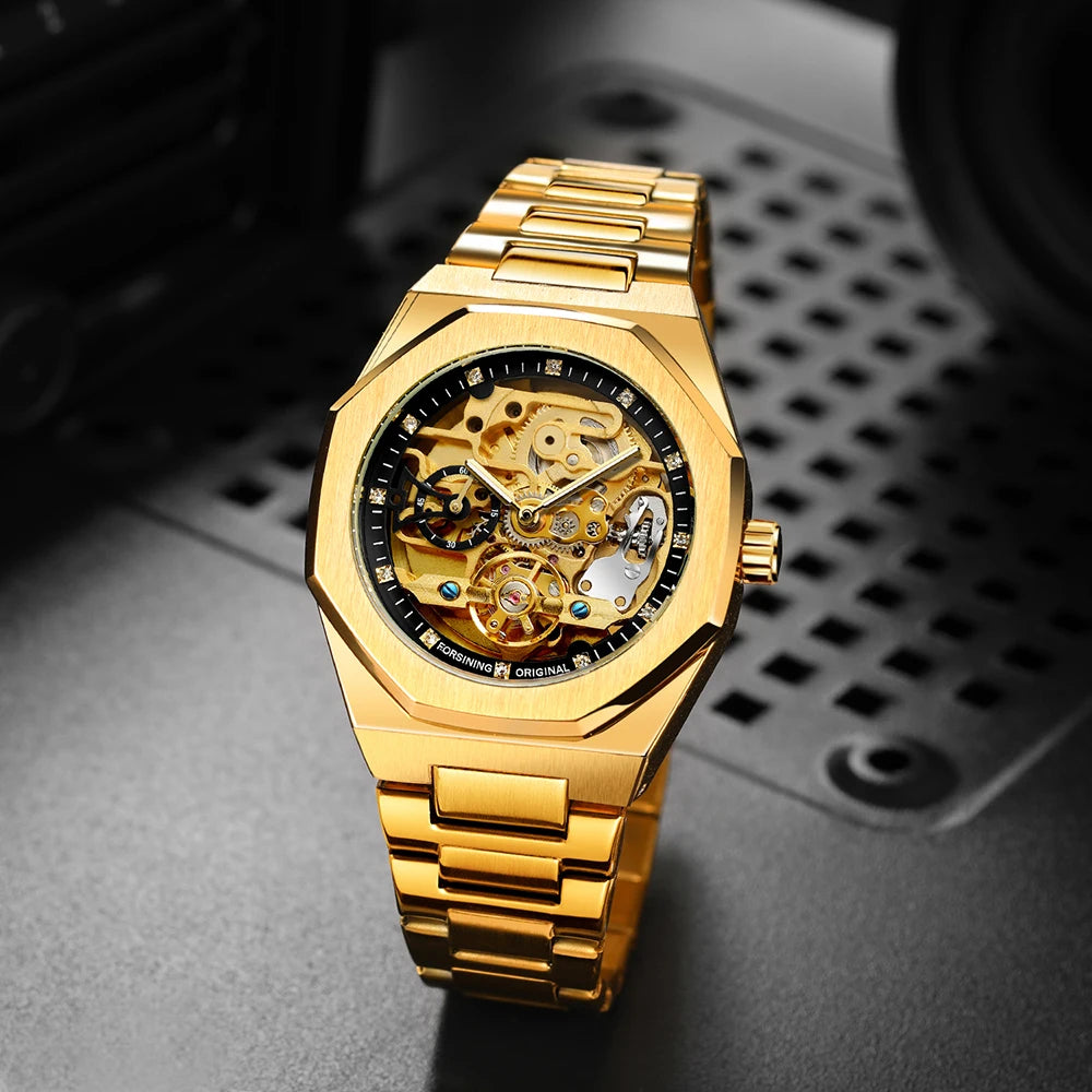 Forsining montre mécanique automatique décontractée pour hommes aiguilles lumineuses bracelet en acier inoxydable mode luxe squelette montres pour hommes
