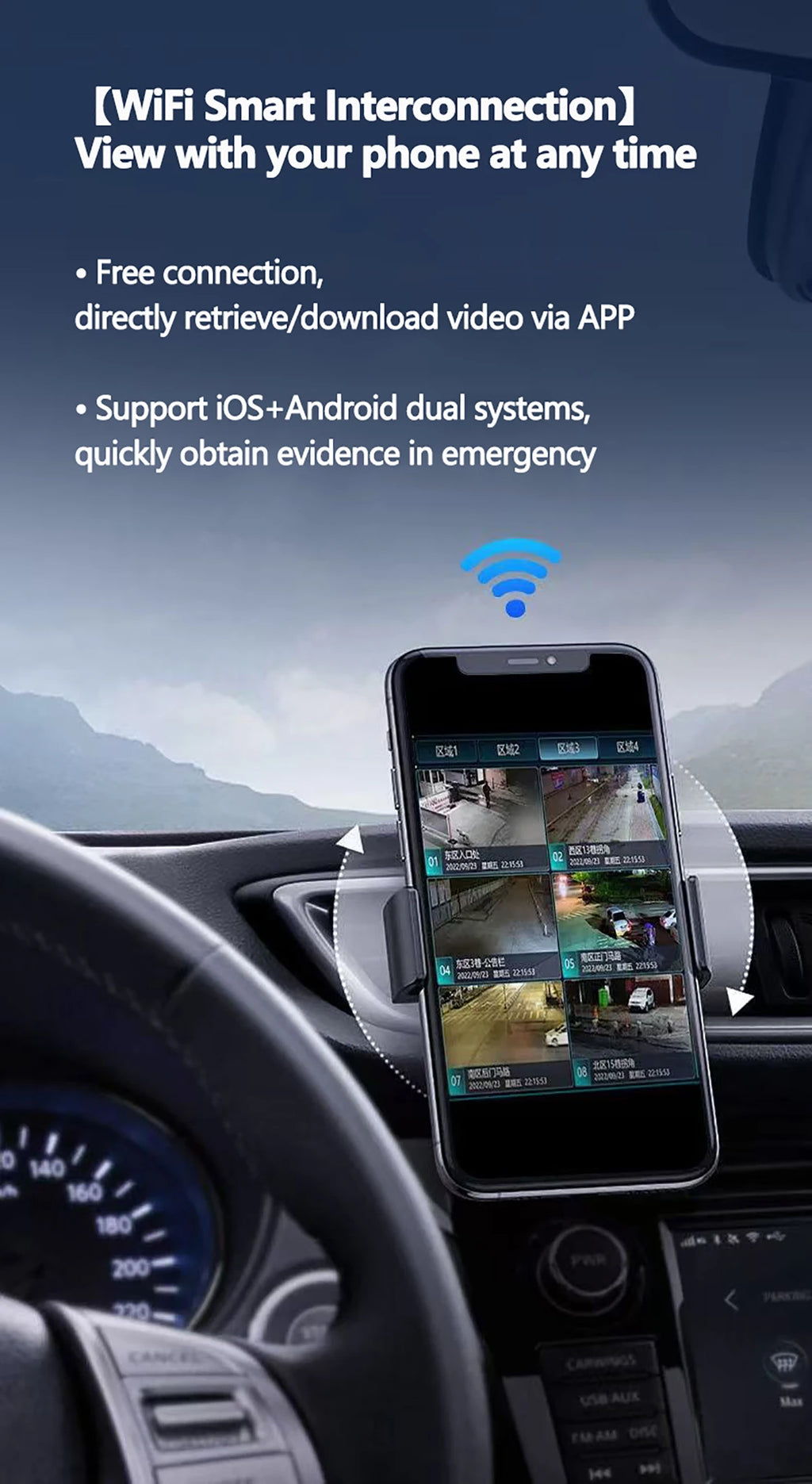 Dashcam 4 canaux wifi voiture dvr caméras de tableau de bord pour voiture mode de stationnement de boîte arrière 24h intérieur avant et arrière 360 dash cam