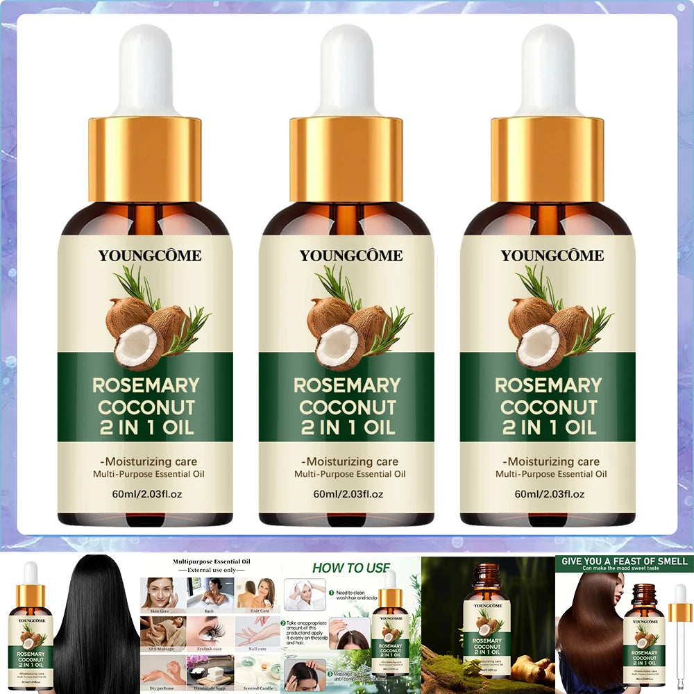 Huile essentielle de romarin et d'huile de noix de coco pour améliorer la perte de cheveux et nourrir, renforcer les racines des cheveux, traitement du cuir chevelu, soins capillaires