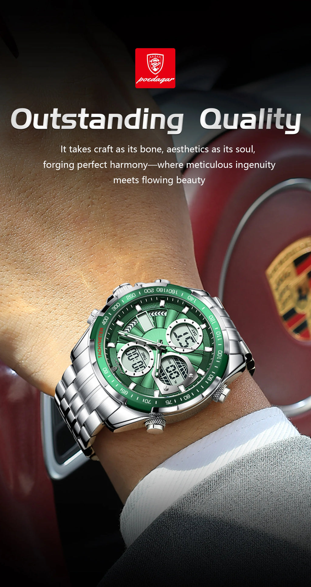 Montre-bracelet homme POEDAGAR, étanche, électronique, LED, affichage double heure, numérique, acier inoxydable, montre à quartz pour homme, Reloj