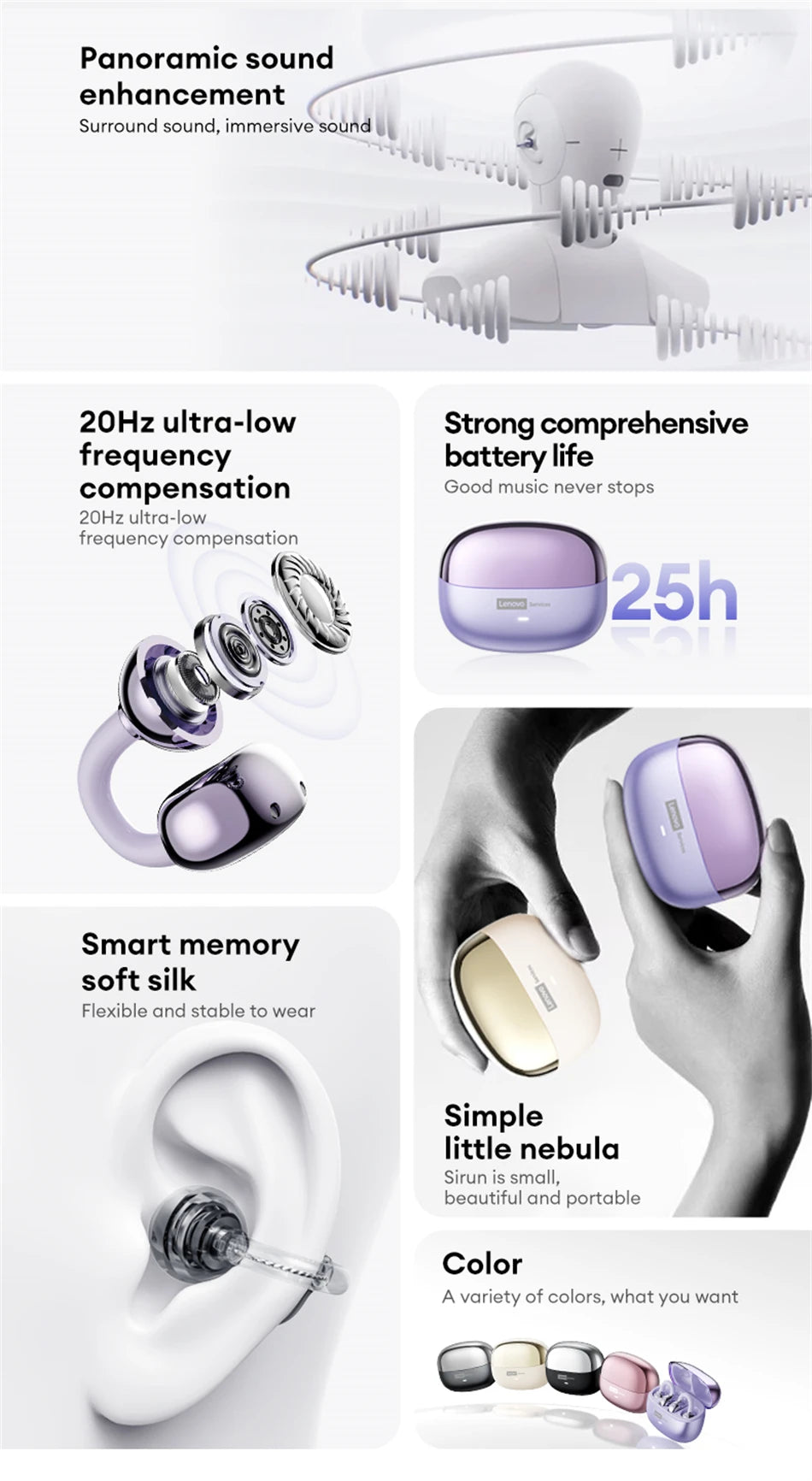 Casque sans fil Bluetooth 6.0 Lenovo LE302, longue durée de vie de la batterie, écouteurs sportifs à clip d'oreille, écouteurs stéréo HIFI à réduction de bruit