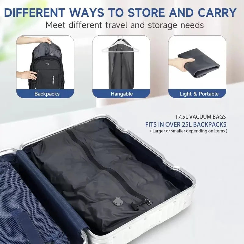 Sac de compression sous vide pour bagages de 17 L, réutilisable, imperméable, anti-poussière, économise 60 % d'espace, sac de voyage sous vide, sacs de rangement