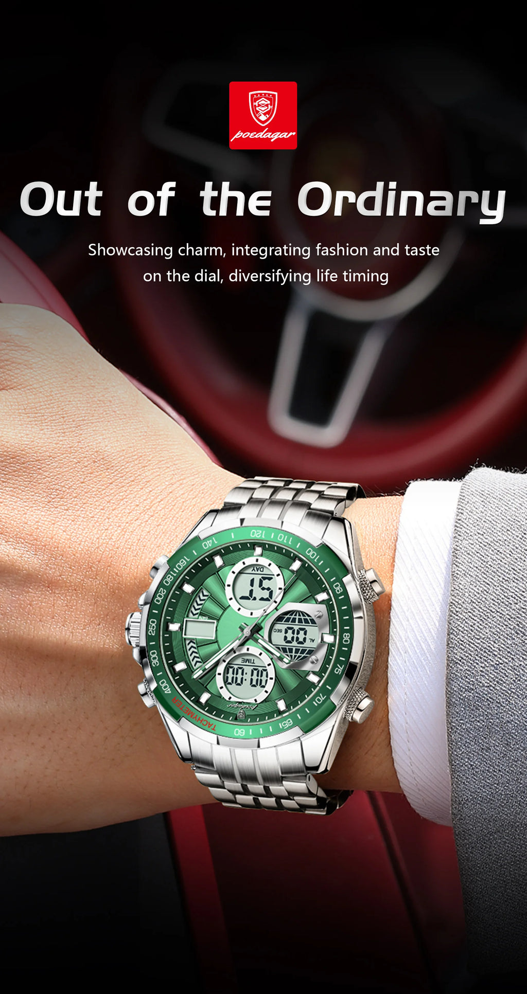 Montre-bracelet homme POEDAGAR, étanche, électronique, LED, affichage double heure, numérique, acier inoxydable, montre à quartz pour homme, Reloj
