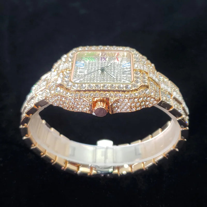 UNIGUET luxe diamant montre à Quartz pour hommes cadran arc-en-ciel calendrier Hip Hop glacé or montre-bracelet hommes accessoire de mode 2025