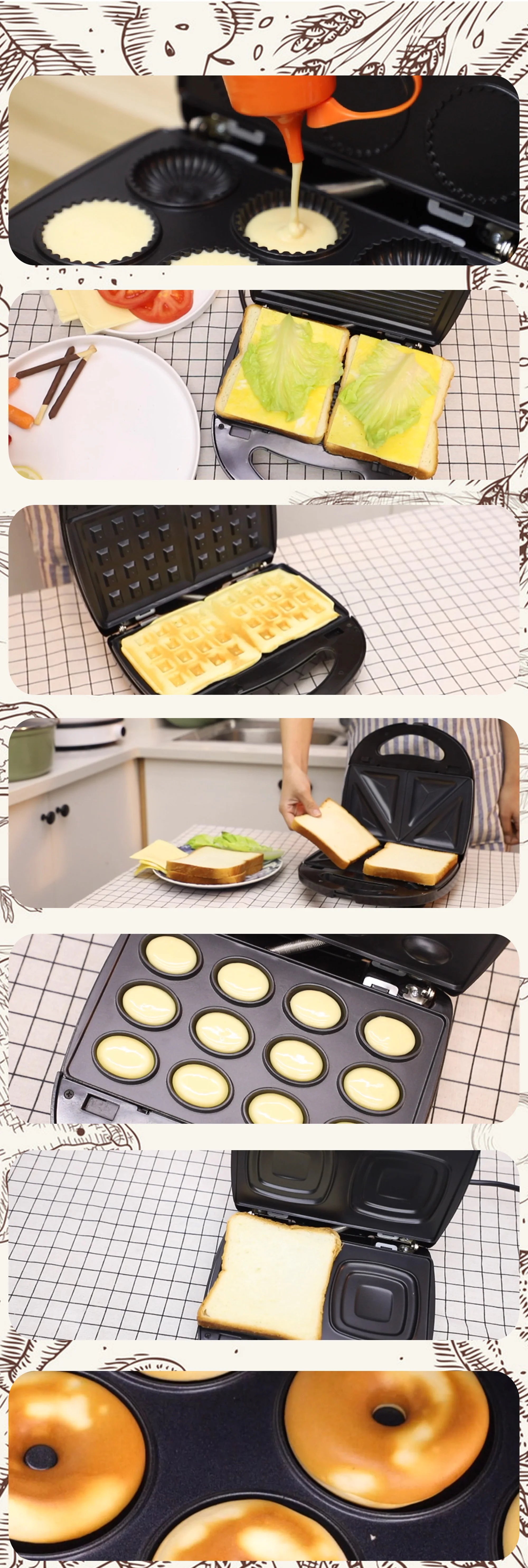Gaufrier électrique 7 en 1, Grill, Sandwich, gâteau, donuts, noix, Panini, plaque de cuisson, appareils de cuisine, grille-pain, petit déjeuner