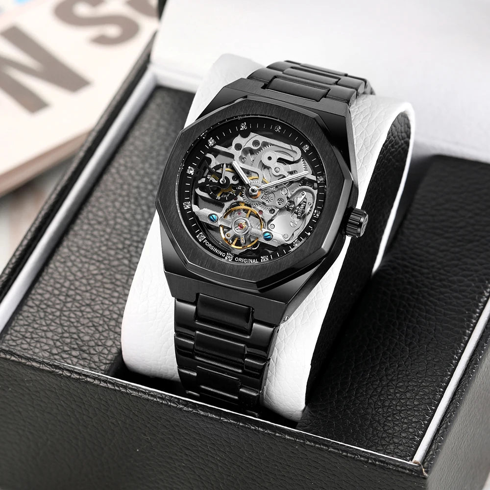 Forsining montre mécanique automatique décontractée pour hommes aiguilles lumineuses bracelet en acier inoxydable mode luxe squelette montres pour hommes