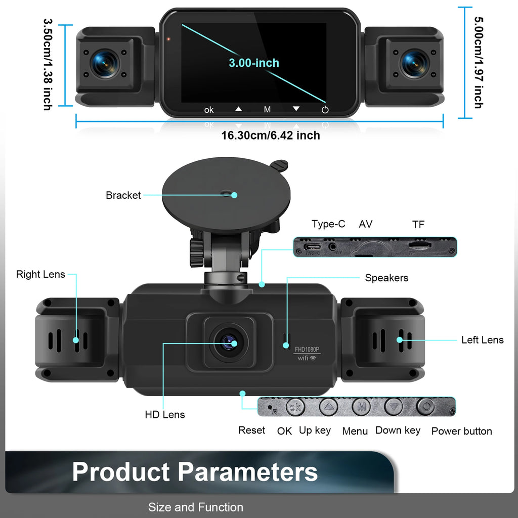 Dashcam 4 canaux wifi voiture dvr caméras de tableau de bord pour voiture mode de stationnement de boîte arrière 24h intérieur avant et arrière 360 dash cam