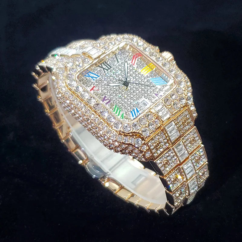 UNIGUET luxe diamant montre à Quartz pour hommes cadran arc-en-ciel calendrier Hip Hop glacé or montre-bracelet hommes accessoire de mode 2025