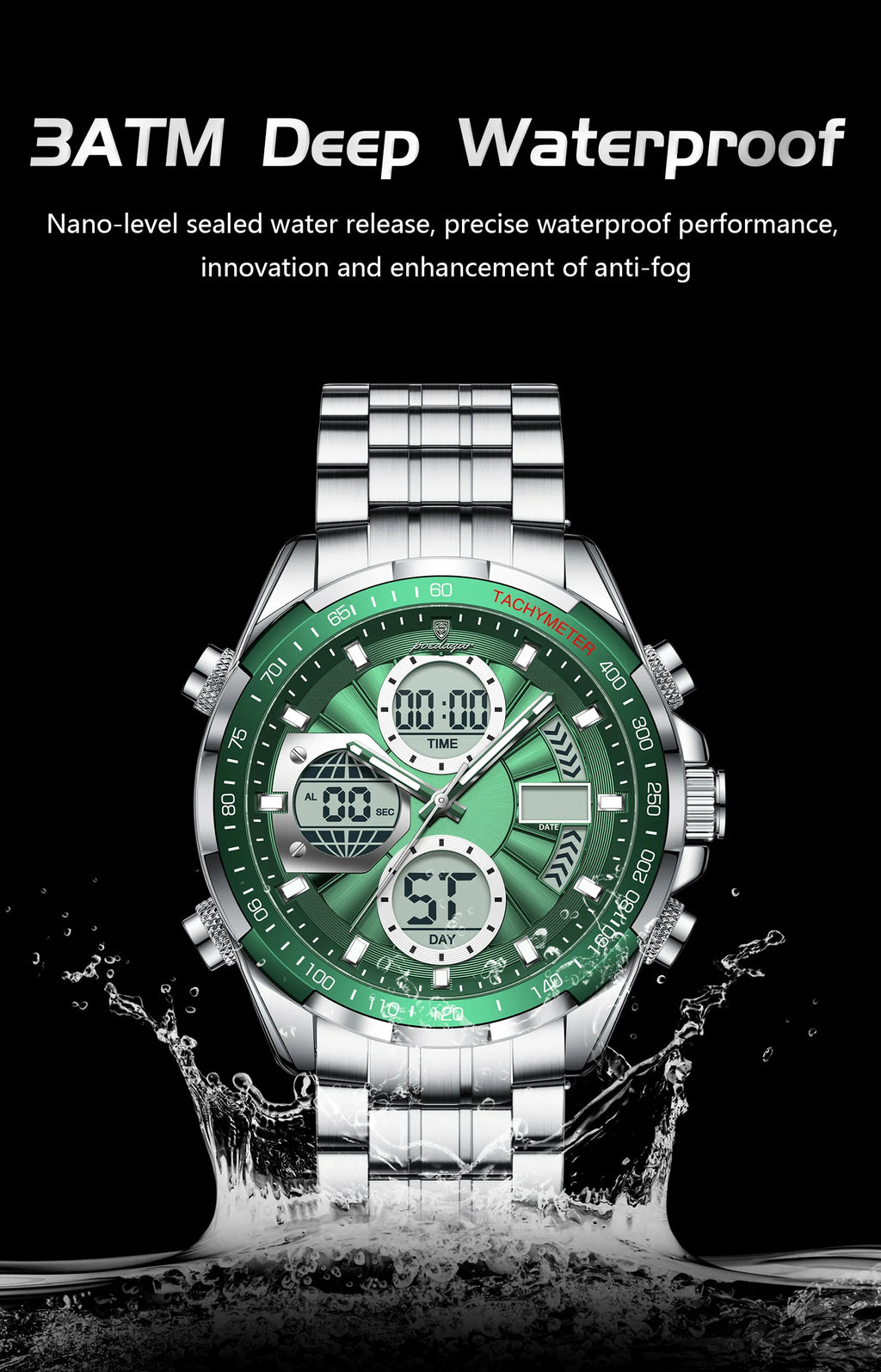 Montre-bracelet homme POEDAGAR, étanche, électronique, LED, affichage double heure, numérique, acier inoxydable, montre à quartz pour homme, Reloj