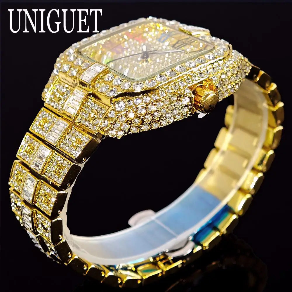 UNIGUET luxe diamant montre à Quartz pour hommes cadran arc-en-ciel calendrier Hip Hop glacé or montre-bracelet hommes accessoire de mode 2025