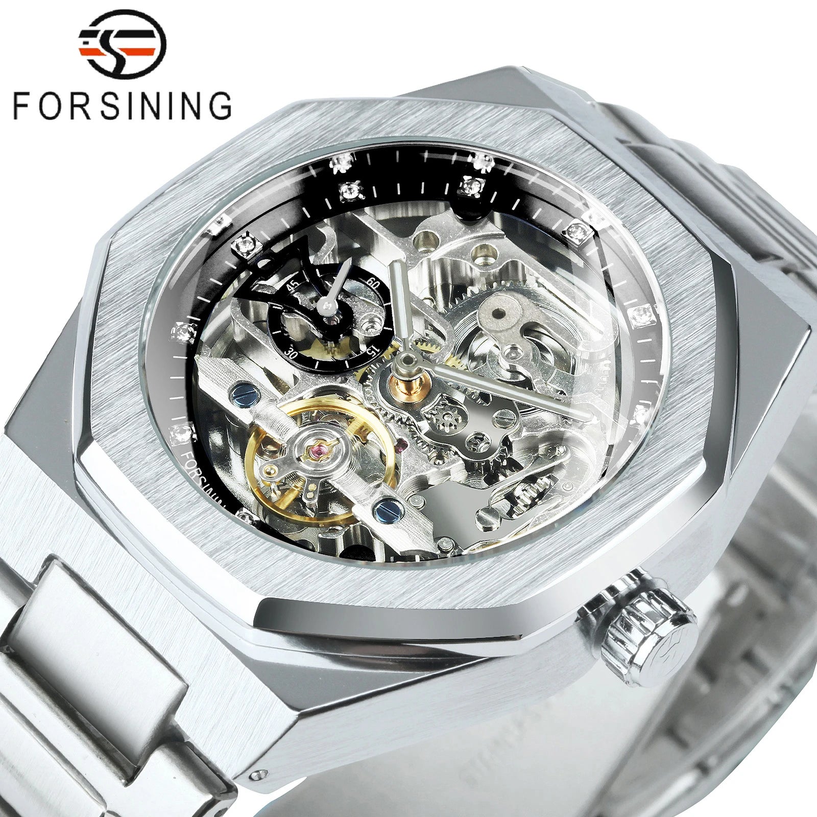 Forsining montre mécanique automatique décontractée pour hommes aiguilles lumineuses bracelet en acier inoxydable mode luxe squelette montres pour hommes