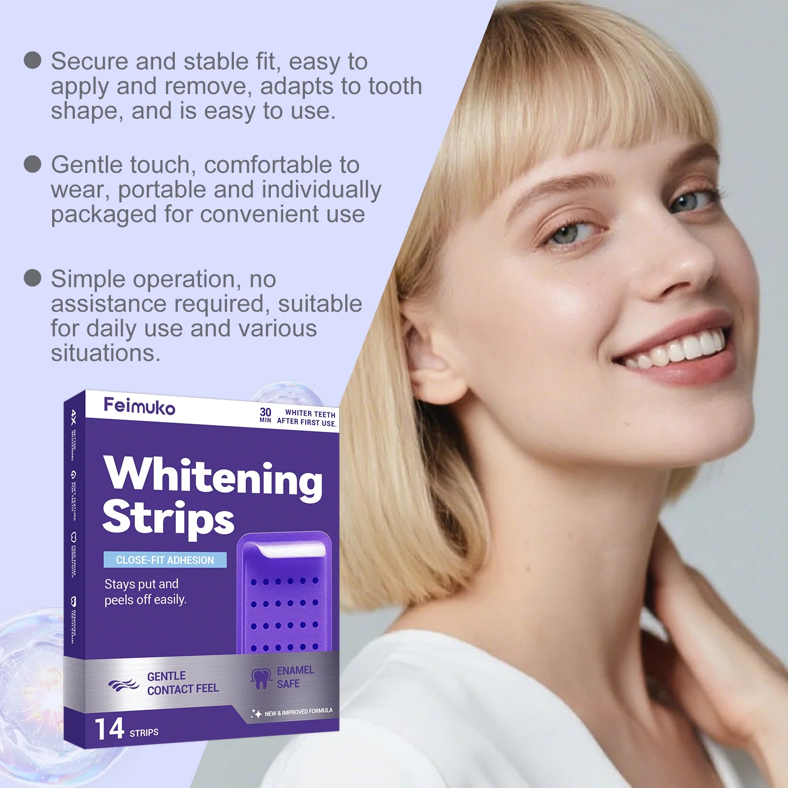 Bandes blanchissantes violettes pour les dents – Hygiène buccale, haleine fraîche mentholée, éclaircissement des dents, soin buccal durable, patchs blanchissants pour les dents