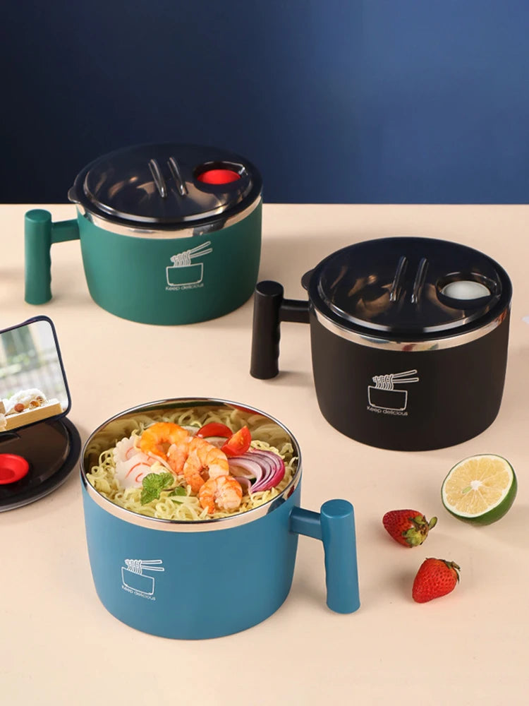 Bol en acier inoxydable avec couvercle pour nouilles instantanées, bol de vidange scellé et Portable pour ustensiles de cuisine, partenaire de nouilles instantanées