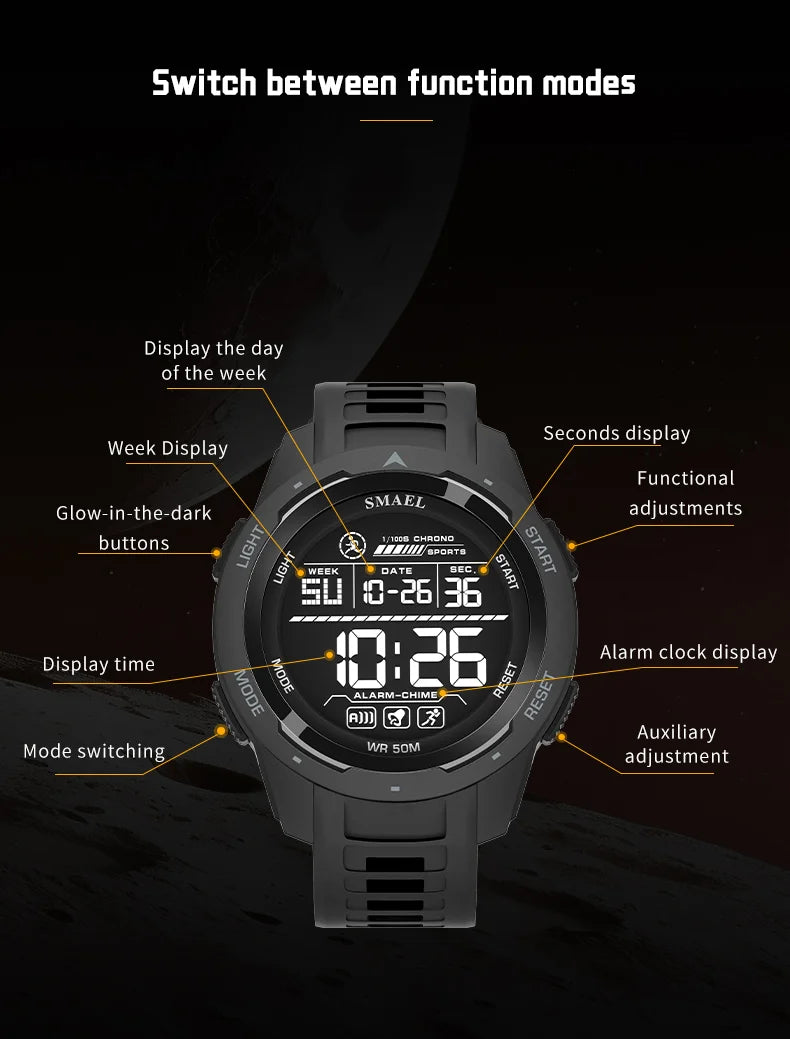 SMAEL-Montre-bracelet numérique étanche à LED pour homme, chronomètre lumineux, montres de sport, 50m, 8105