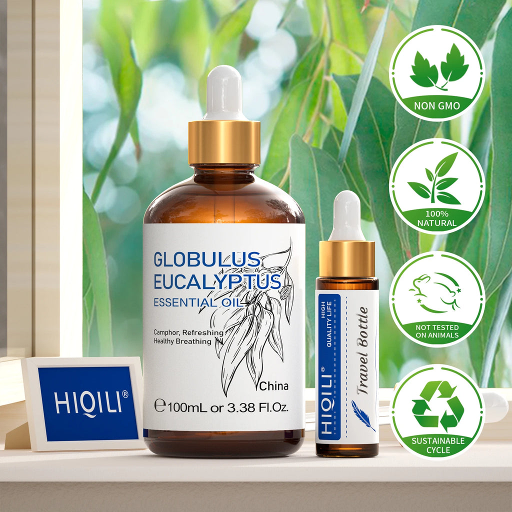 HIQILI Huile essentielle d'eucalyptus 100 ml, huile essentielle d'eucalyptus pour humidificateur et aromathérapie, 100 % naturelle, parfum d'ambiance pour la maison