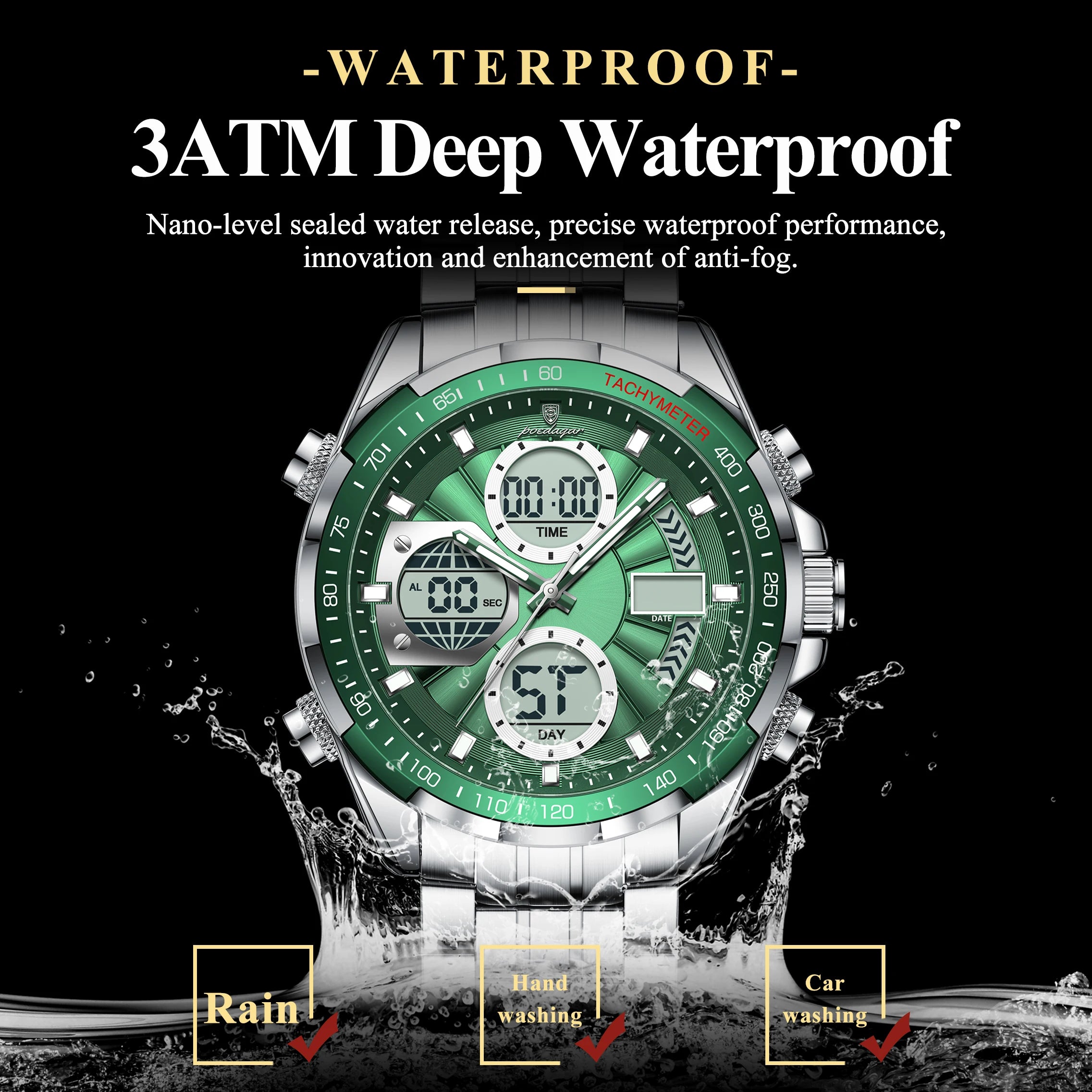 Montre-bracelet homme POEDAGAR, étanche, électronique, LED, affichage double heure, numérique, acier inoxydable, montre à quartz pour homme, Reloj