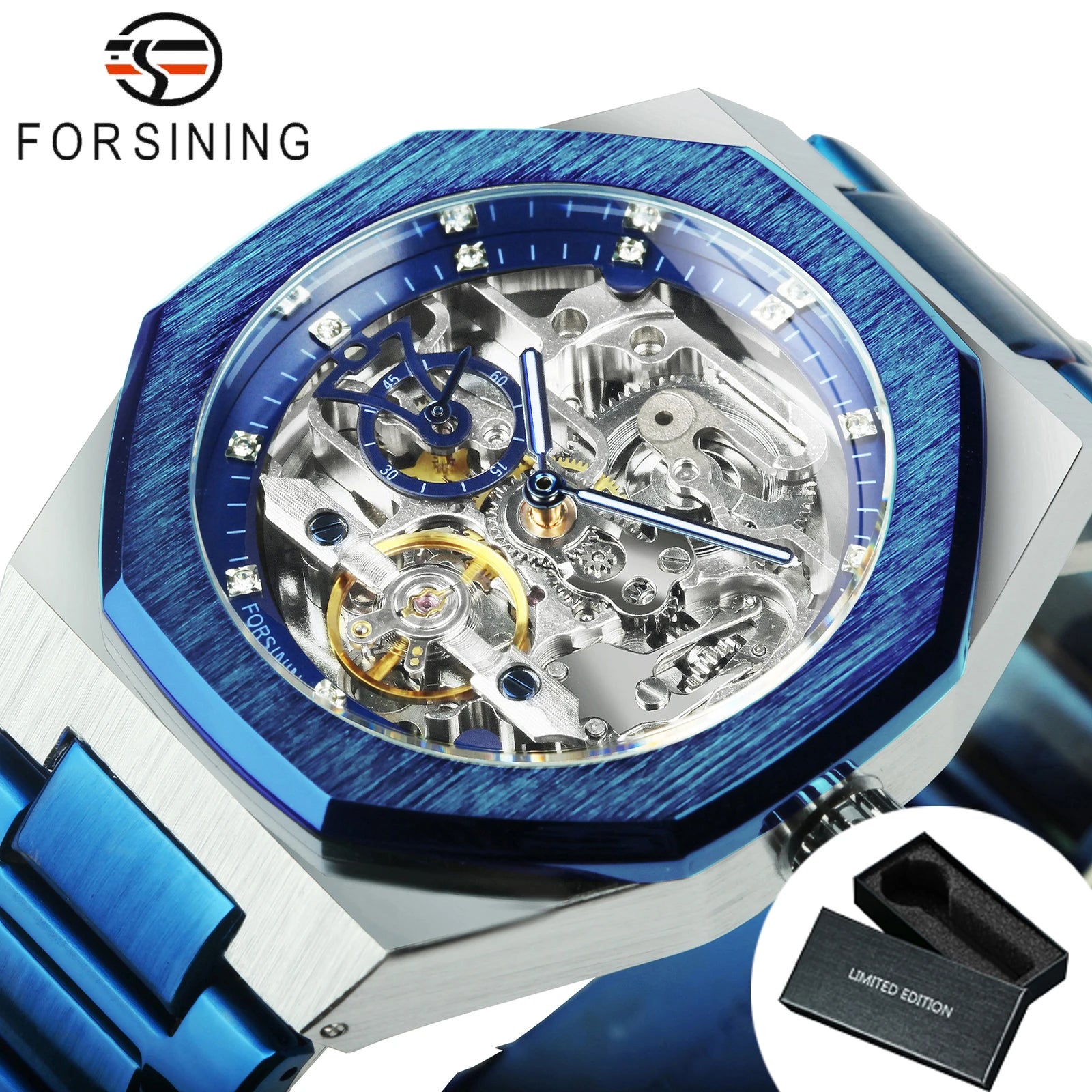 Forsining montre mécanique automatique décontractée pour hommes aiguilles lumineuses bracelet en acier inoxydable mode luxe squelette montres pour hommes
