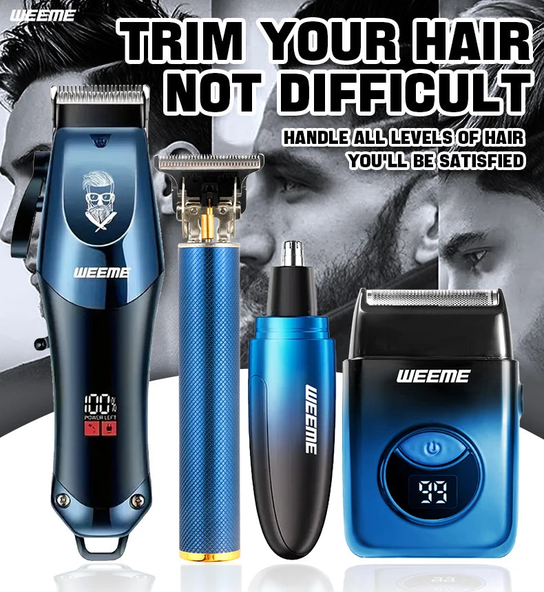WEEME Ensemble de tondeuse à cheveux électrique 4 en 1 pour homme – Kit de rasoir tondeuse à cheveux sans fil rechargeable avec outils de toilettage du nez et des oreilles