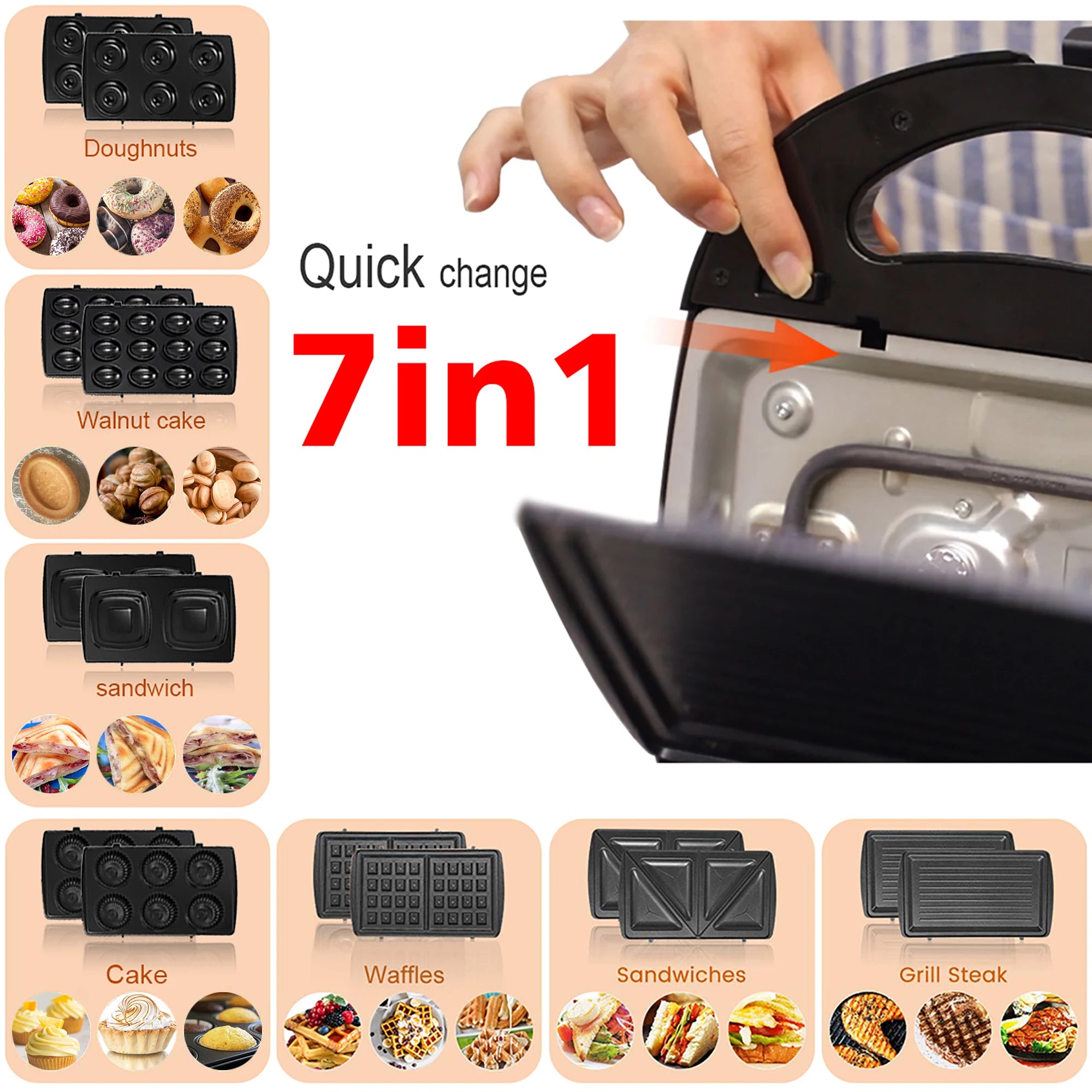 Gaufrier électrique 7 en 1, Grill, Sandwich, gâteau, donuts, noix, Panini, plaque de cuisson, appareils de cuisine, grille-pain, petit déjeuner