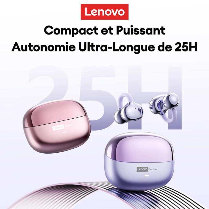 Casque sans fil Bluetooth 6.0 Lenovo LE302, longue durée de vie de la batterie, écouteurs sportifs à clip d'oreille, écouteurs stéréo HIFI à réduction de bruit