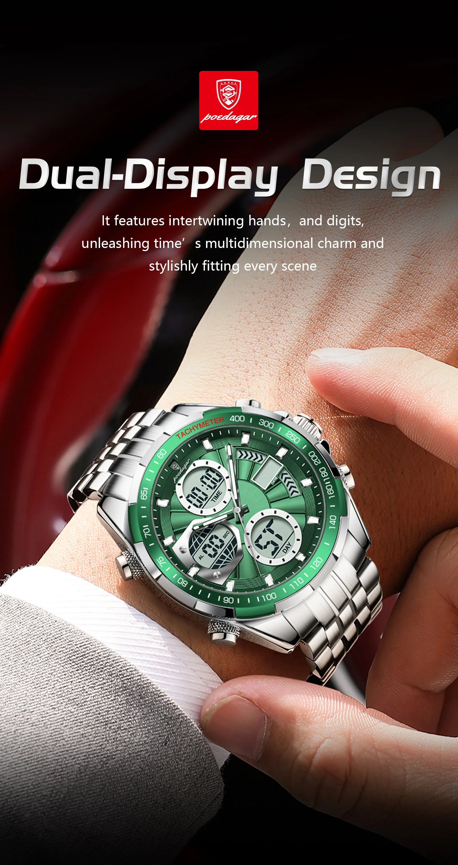 Montre-bracelet homme POEDAGAR, étanche, électronique, LED, affichage double heure, numérique, acier inoxydable, montre à quartz pour homme, Reloj