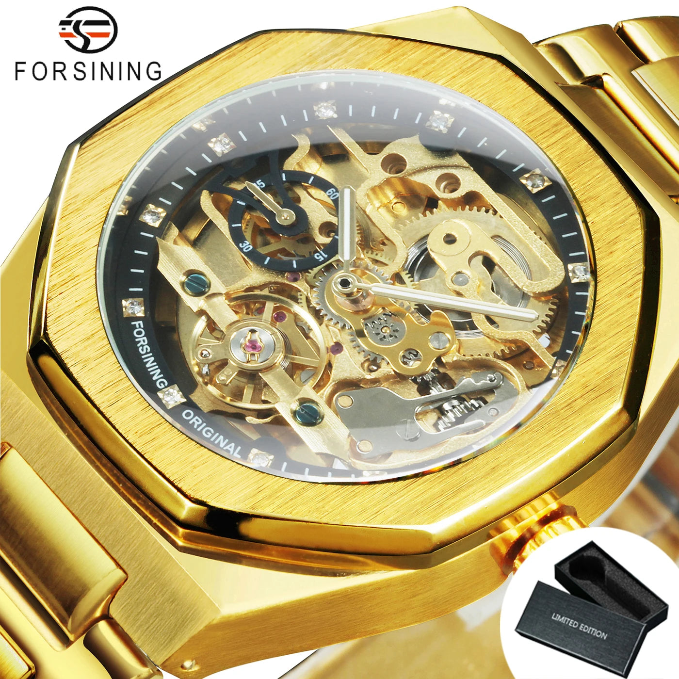 Forsining montre mécanique automatique décontractée pour hommes aiguilles lumineuses bracelet en acier inoxydable mode luxe squelette montres pour hommes
