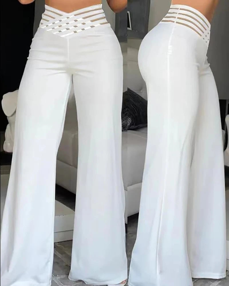 Pantalon évasé pour femmes, élégant, bureau, décontracté, taille haute, printemps été, solide, croisé, maille transparente, Patch, jambes larges