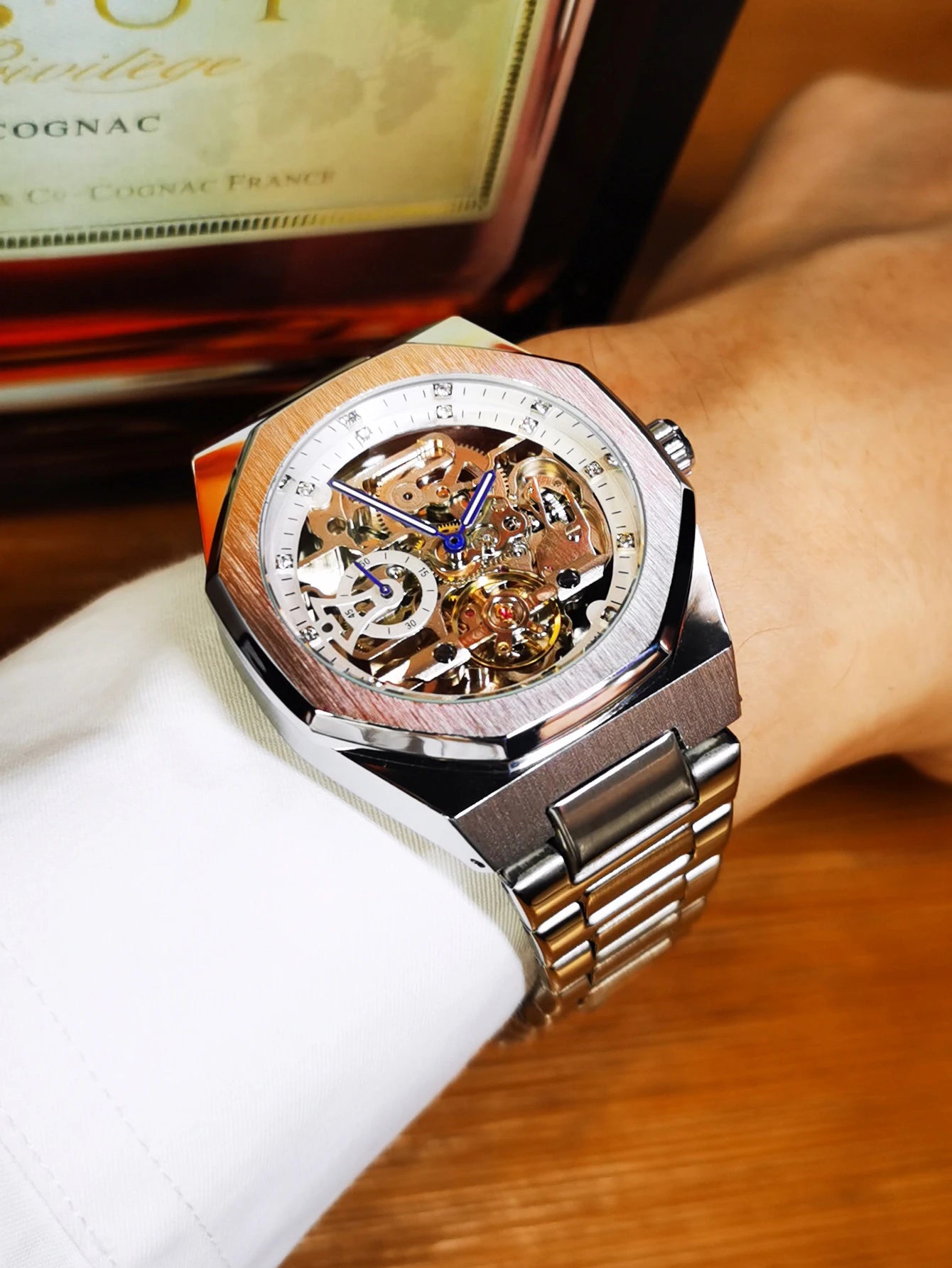 Forsining montre mécanique automatique décontractée pour hommes aiguilles lumineuses bracelet en acier inoxydable mode luxe squelette montres pour hommes