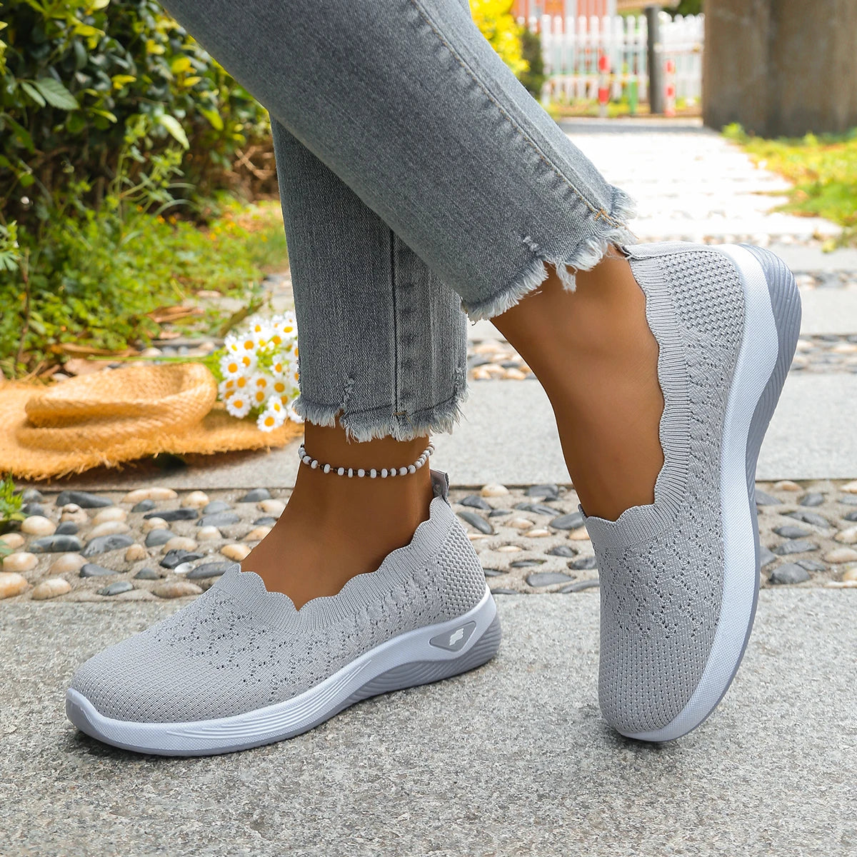 Chaussures orthopédiques pour femmes, chaussures de marche en tricot, respirantes, à enfiler, mocassins souples, baskets compensées antidérapantes, chaussures décontractées confortables