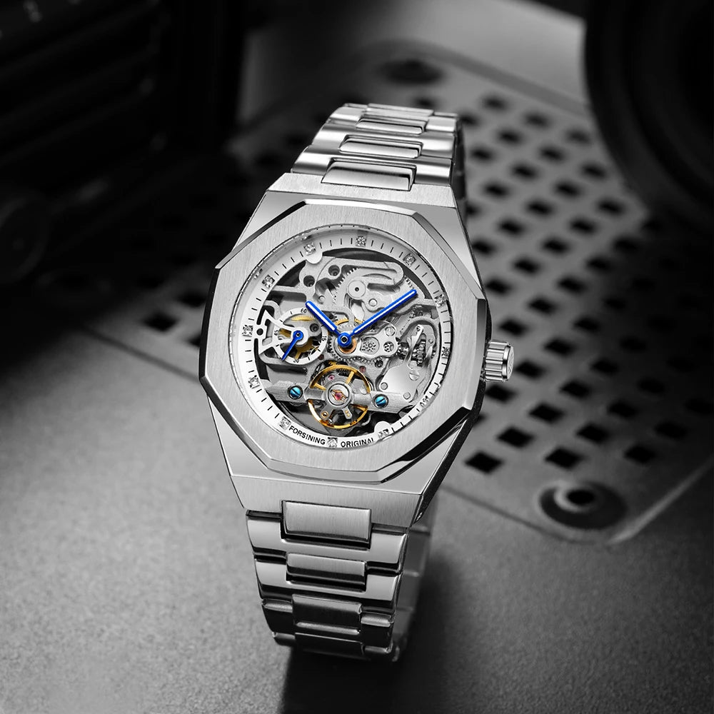 Forsining montre mécanique automatique décontractée pour hommes aiguilles lumineuses bracelet en acier inoxydable mode luxe squelette montres pour hommes