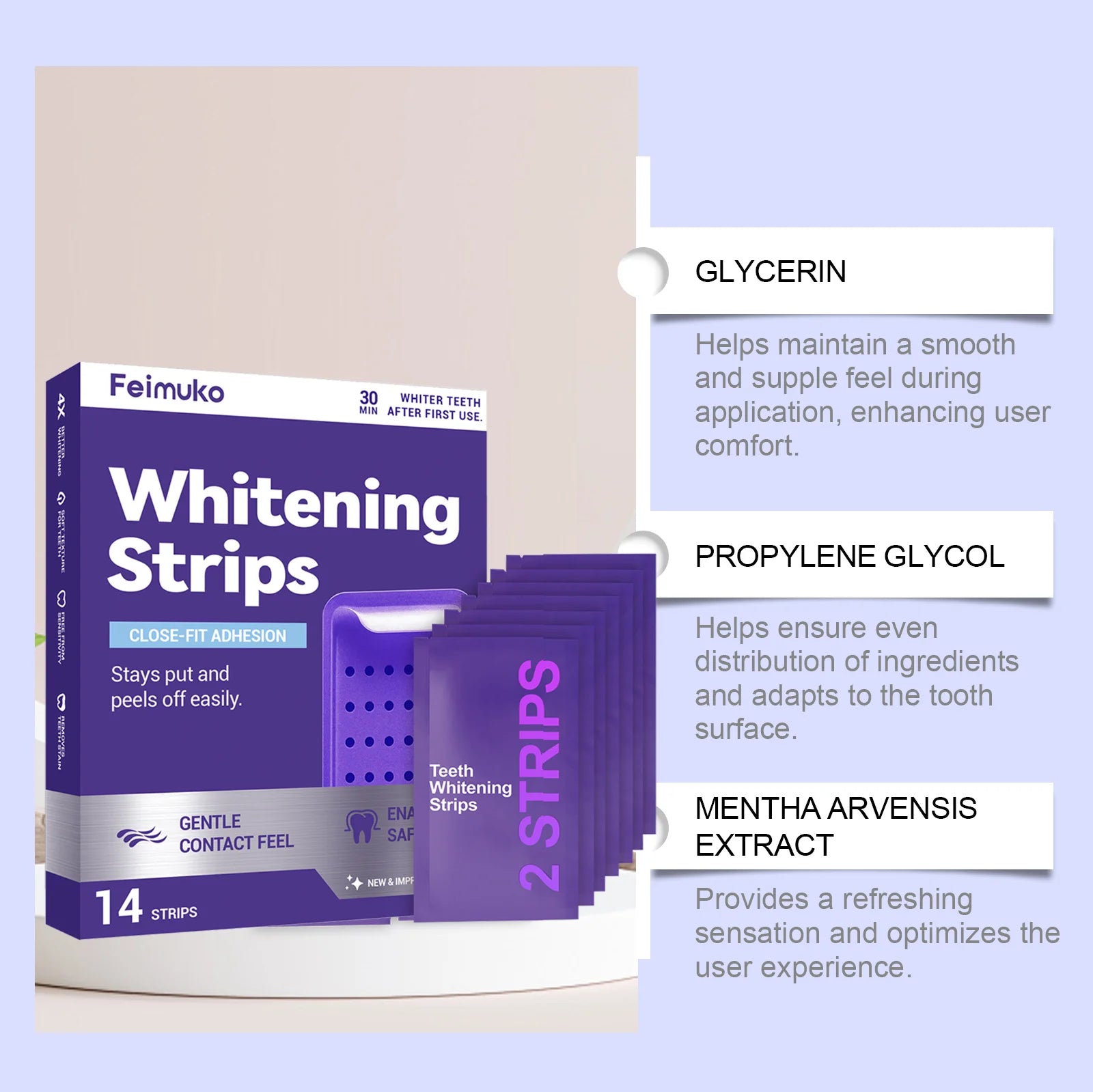 Bandes blanchissantes violettes pour les dents – Hygiène buccale, haleine fraîche mentholée, éclaircissement des dents, soin buccal durable, patchs blanchissants pour les dents