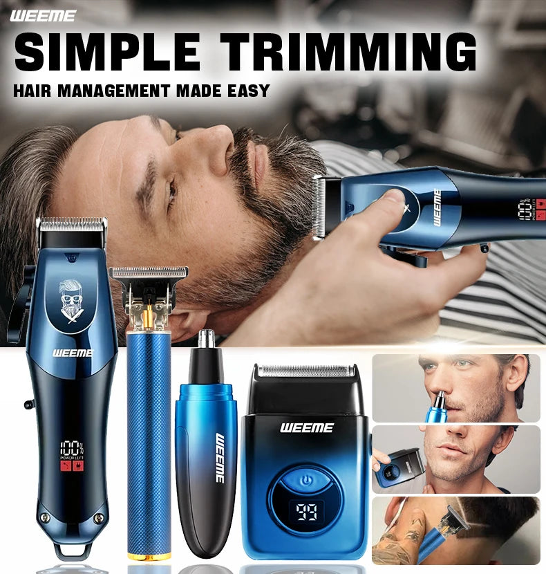 WEEME Ensemble de tondeuse à cheveux électrique 4 en 1 pour homme – Kit de rasoir tondeuse à cheveux sans fil rechargeable avec outils de toilettage du nez et des oreilles
