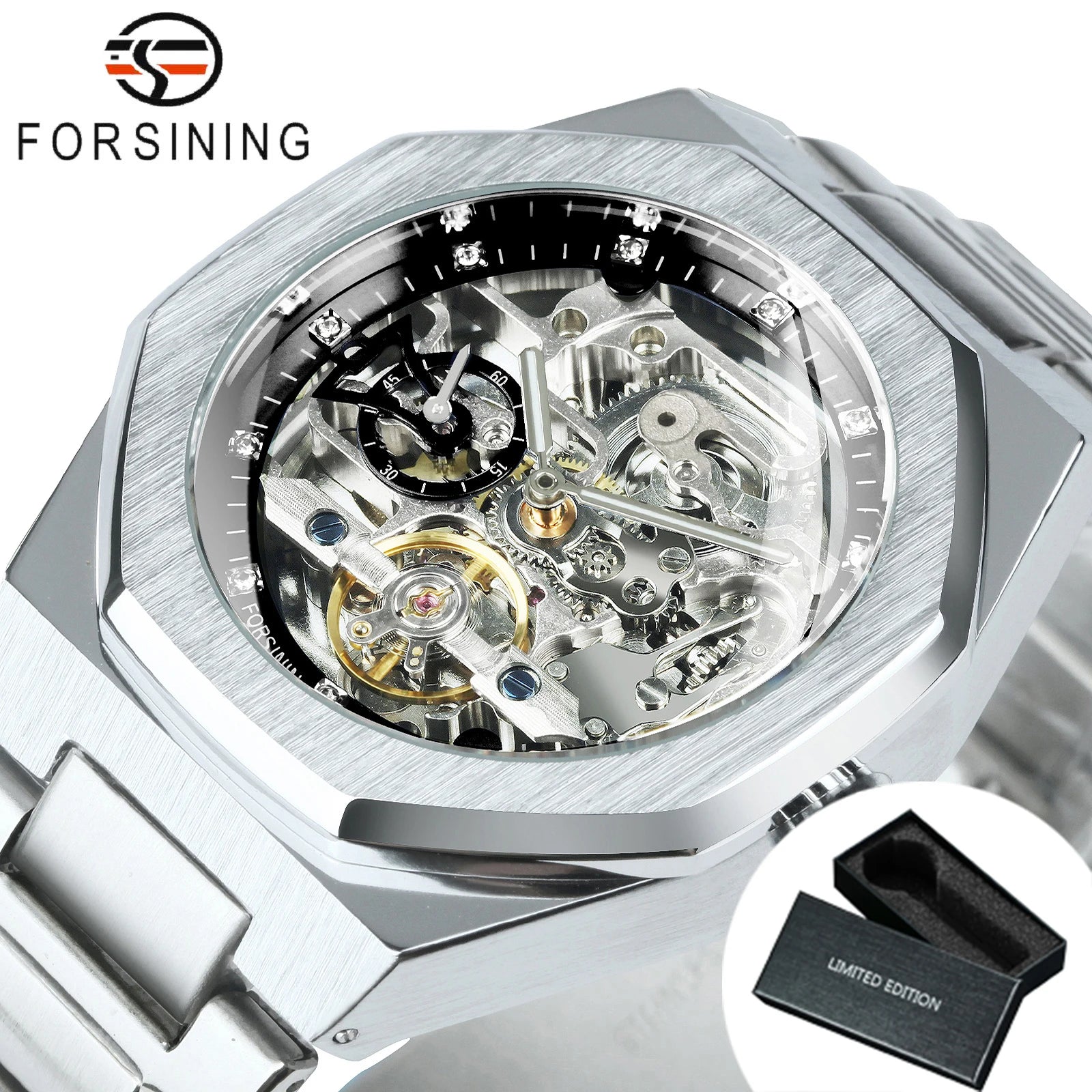 Forsining montre mécanique automatique décontractée pour hommes aiguilles lumineuses bracelet en acier inoxydable mode luxe squelette montres pour hommes